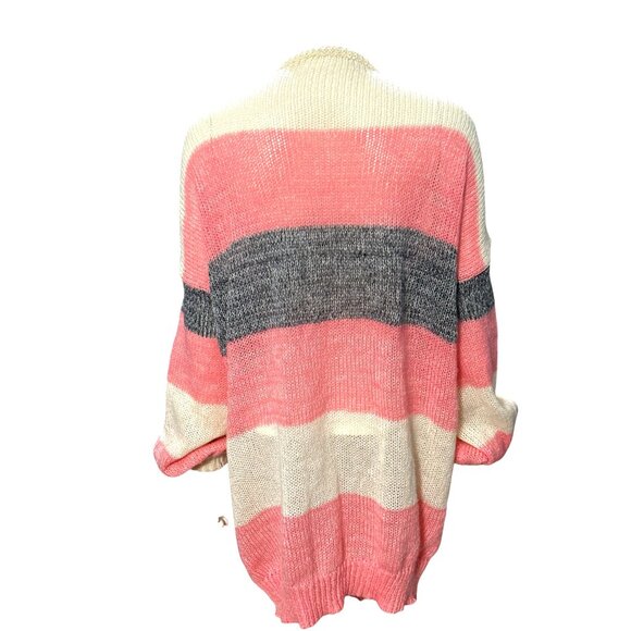 Striped Colorblock 5XL Pink Cream Gray Cardigan Sweater Striped Open Tight Knit - Picture 4 of 10
